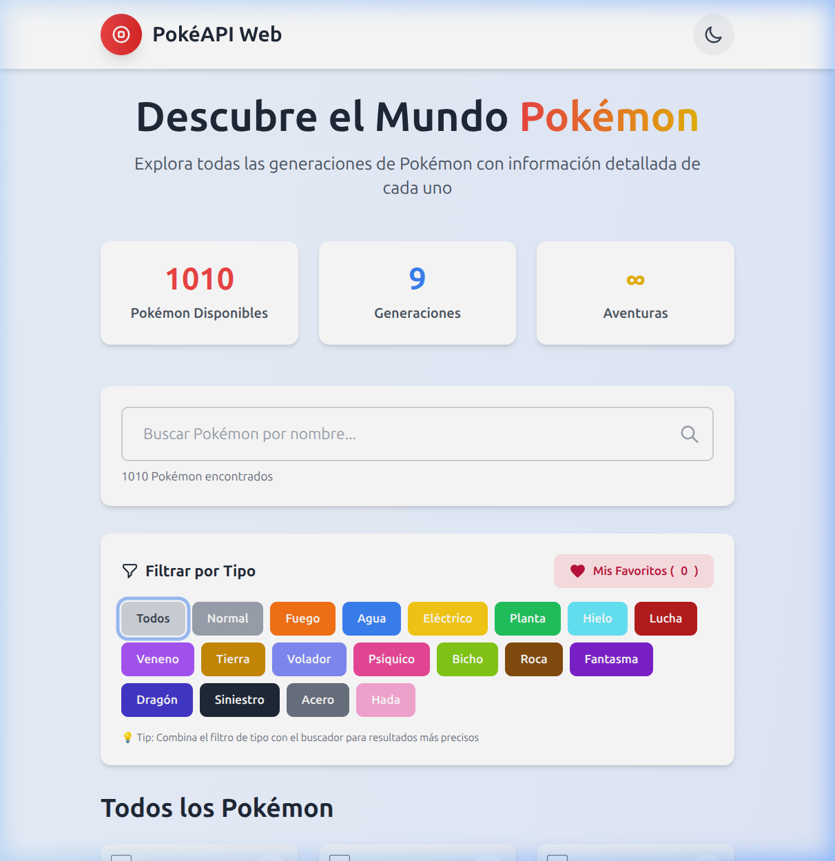 Captura de pantalla de la interfaz de PokéAPI Web