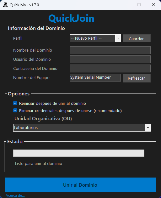 Captura de pantalla de la interfaz de QuickJoin AD