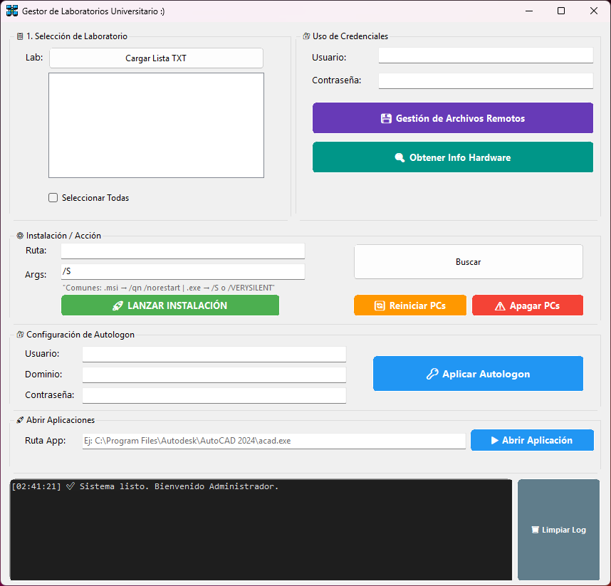 Captura de pantalla de la interfaz de UniLabManager